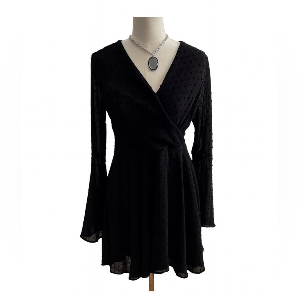 Altar'd State Black Swiss Dot Dress Medium Bell Sleeve Wrap Boho Goth Romantic